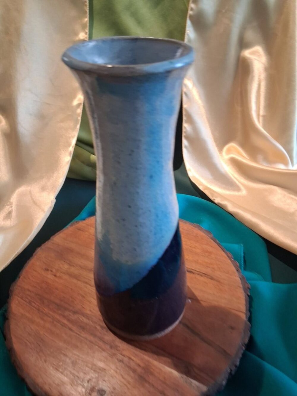 Handmade Studio Art Pottery Vase with Dipped Blue Glaze & Incised Monogram